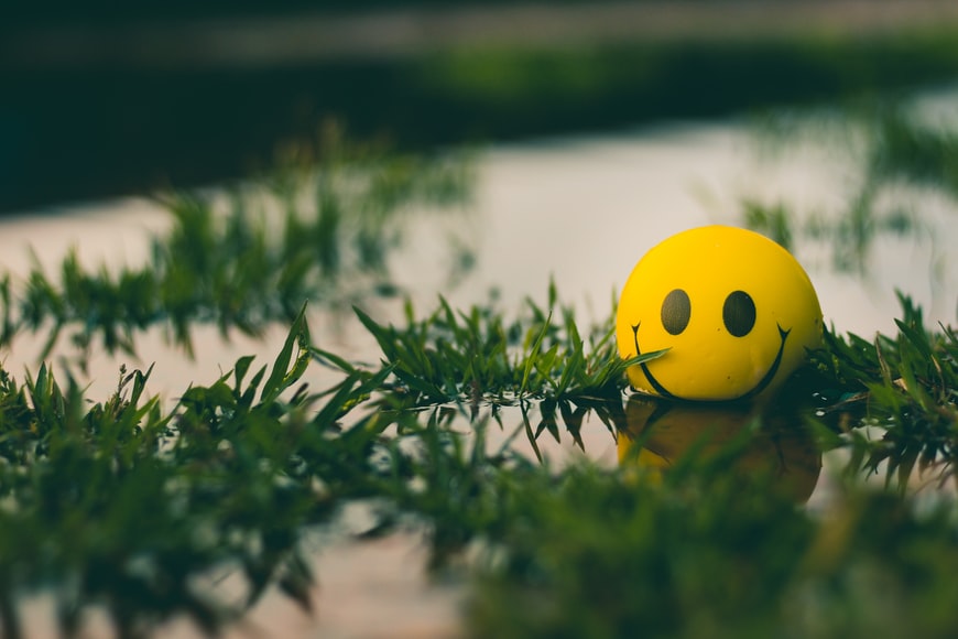 How to stay positive, a yellow ball with a smiling face sitting in a puddle of water and vines 