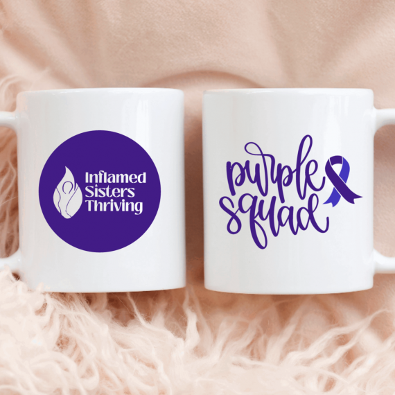 Purple Inflamed sisters thriving logo mug and purple squad with purple ribbon mug 