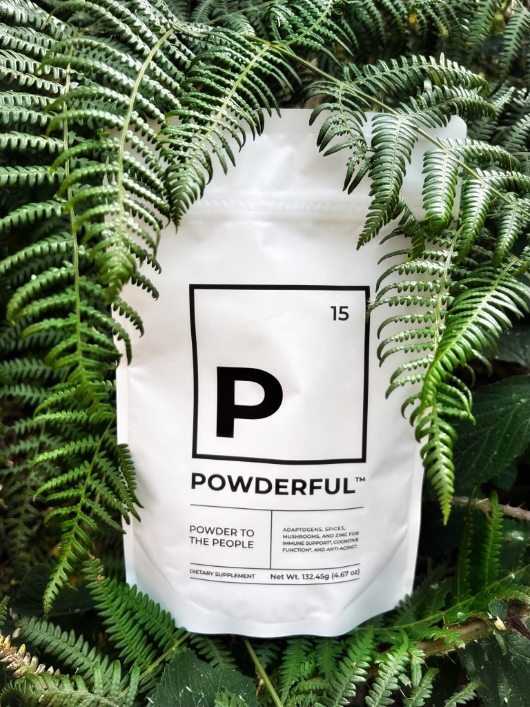 Bag of powderful amongst ferns 