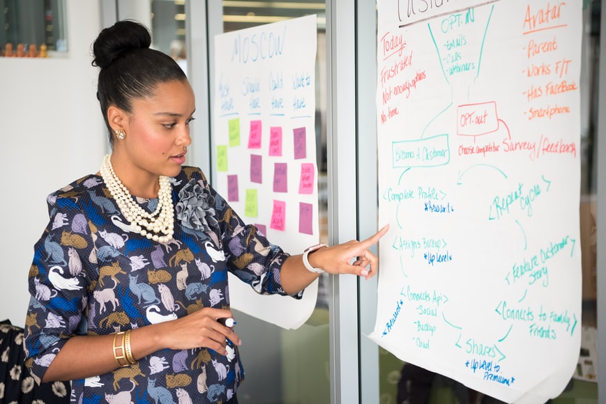 Black woman in a work environment doing a presentation 